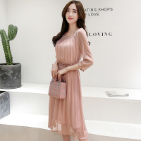 丝柏舍2017春季新款女装圆领七分袖松紧腰纯色修身连衣裙S71R0218