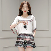 丝柏舍2018夏装新款女装民族风圆领流苏上衣搭短裤套装S72R0148