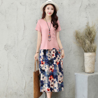 丝柏舍2018夏装新款女装纯色上衣搭印花半身裙轻熟风套装S72R0124