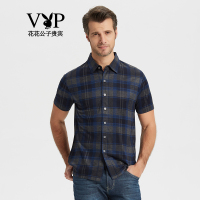 花花公子VIP短袖衬衫男 商务时尚休闲衬衫深蓝格纹S11DT88011