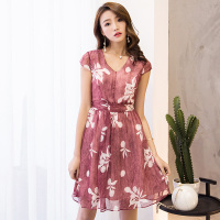 丝柏舍2018年夏装新款V领短袖高腰修身短款印花连衣裙女S72R0412