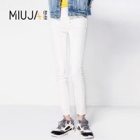 女款中腰小脚不规则牛仔九分裤