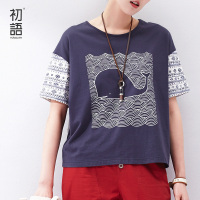初语2017夏女大码森女短袖宽松印花撞色拼接文艺t恤女