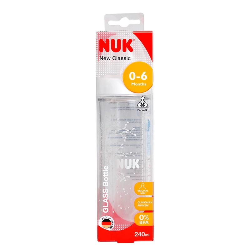 德国进口 NUK新生儿宽口径玻璃奶瓶240ml(带0-6月硅胶中圆孔奶嘴)新品纤细瓶身耐高温奶瓶 花色随机