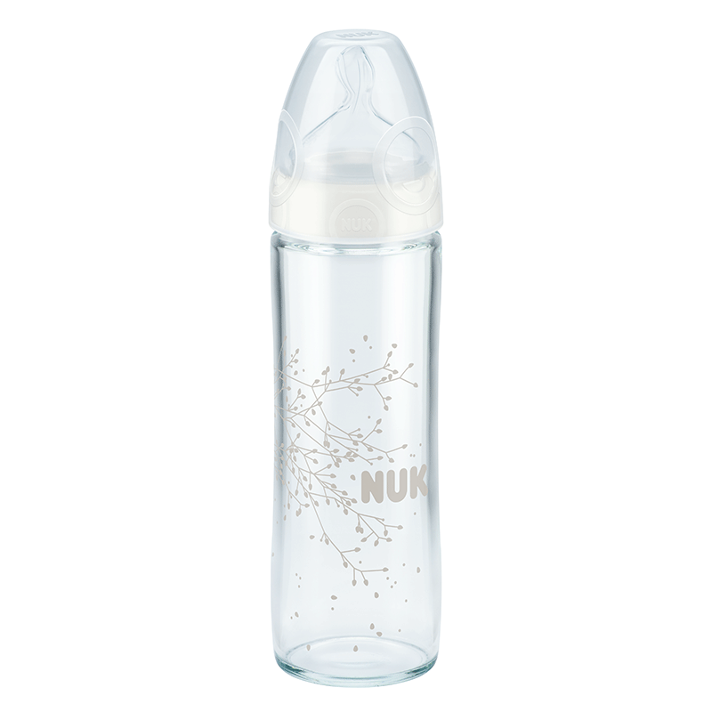 德国进口 NUK新生儿宽口径玻璃奶瓶240ml(带0-6月硅胶中圆孔奶嘴)新品纤细瓶身耐高温奶瓶 花色随机