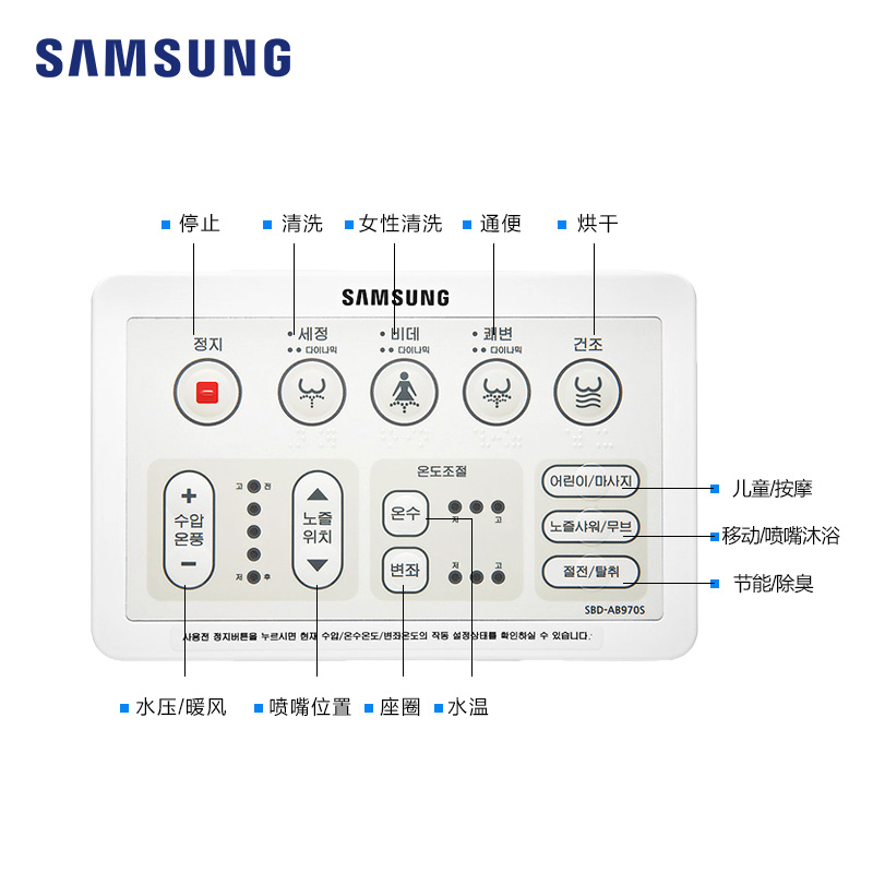 SAMSUNG三星洁身器 即热型智能马桶盖 遥控型马桶盖板 暖风烘干型坐便器盖板 智能除臭型电子盖板SBD-AB970S