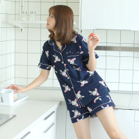 芬腾纯棉睡衣女夏时尚卡通印花短袖短裤套装全棉质夏天开衫家居服