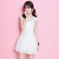 拉夏贝尔Candie's夏新款甜美日系纯色剪花短袖蕾丝短款连衣裙30062220