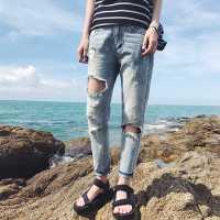 超音狼男装舒适夏季破洞牛仔九分裤2017ZDZ-X303