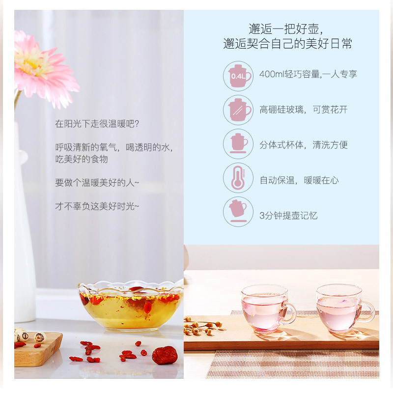 荣事达(Royalstar)迷你养生杯YSC04C电热水杯办公室热牛奶加热器煮粥杯电炖杯烧水杯全自动玻璃分体热茶花茶