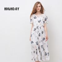 highday轩日夏季圆领碎花短袖连衣裙长裙百褶裙