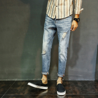 超音狼男装舒适夏季修身牛仔九分裤个性破洞2017JX-3051