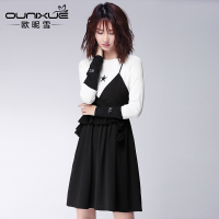 欧昵雪2017新款黑色性感V领吊带裙D0703