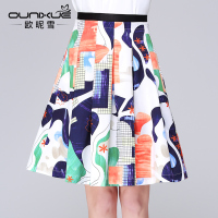 欧昵雪2017新款抽象印花百褶裙高腰百褶半身裙