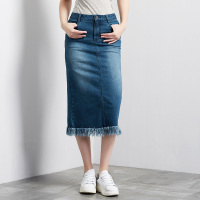 真我永恒春秋季新款长款流苏半身裙包臀直筒做旧水洗牛仔半身裙