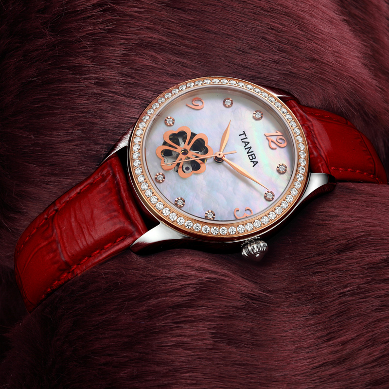 天霸(TIANBA)手表 休闲时尚镂空全自动机械皮带女表 专柜同款 机械表 女TL6020