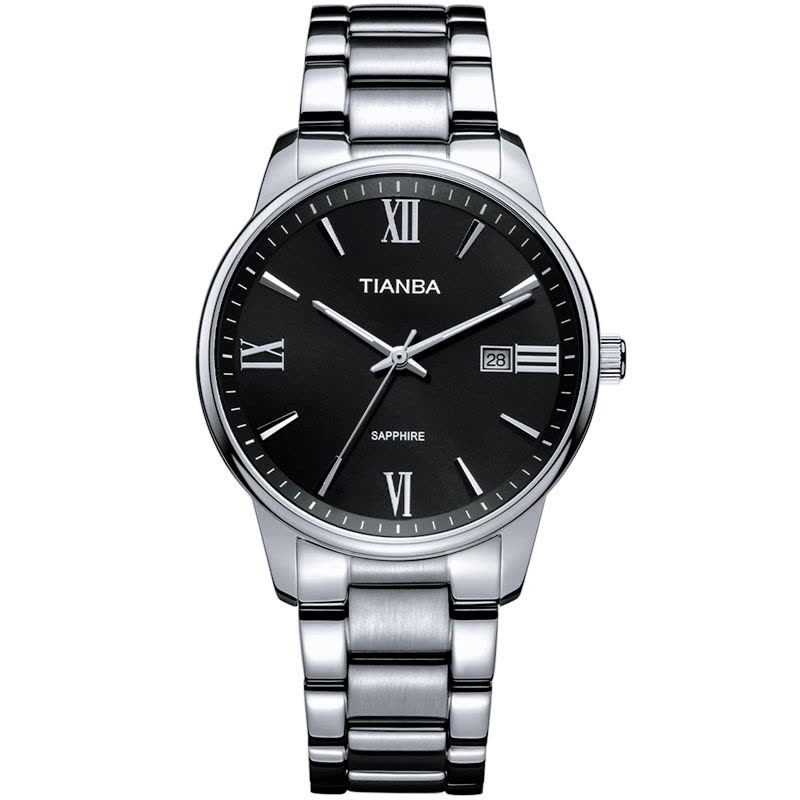 天霸(TIANBA)手表 时尚情侣款金属不锈钢简约带日历商务时尚 石英表 男 TM3006.01SS 黑色图片