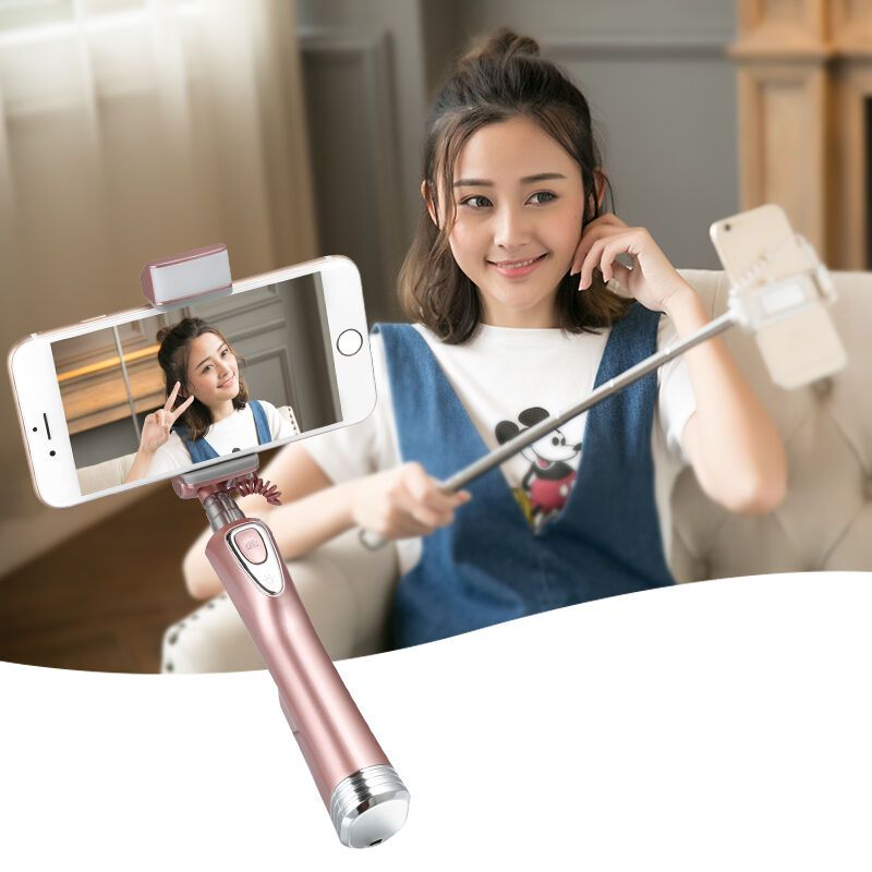 ESCASE 自拍杆 玫瑰金无线蓝牙自拍杆/神器 带补光灯美颜 通用苹果7plus/美图/oppo/魅族/三星 迷你粉色