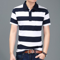 夏季休闲男装男士条纹短袖T恤2017新款男翻领爸爸装衣服薄款