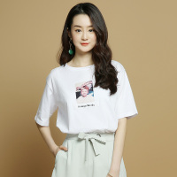 NO1DARA (夏新品)圆领人像印花织带短袖T恤