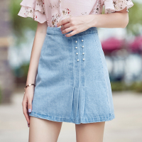 纳丝达莉2017夏季新款品牌女装纯色拼接褶皱牛仔裙休闲百搭半身裙28509