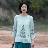 生活在左2017夏季新款 墨西哥刺绣花七分袖衬衣 文艺复古圆领女