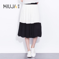 女款中腰拼色百褶半身裙