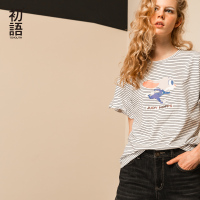 初语夏装迪士尼荷叶袖印花圆领条纹短袖T恤女纯棉宽松百搭上衣