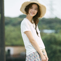 茵曼2017夏装纯棉圆领不规则打结文艺范T恤女恤衫1872022284