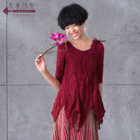 生活在左新款秋 手工钩花棉麻衬衫 女中袖亚麻上衣