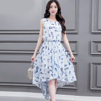 丝柏舍2018夏装新款圆领无袖连衣裙女前短后长百褶印花裙S72R0550
