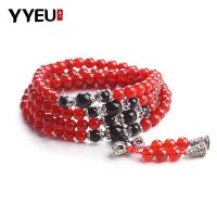 亿世宝 天然玛瑙108颗佛珠手链男女红黑玛瑙手串多圈藏银