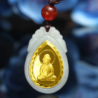 亿世宝 金镶玉翡翠观音/佛吊坠足金挂件情侣款观音菩萨佛公玉坠