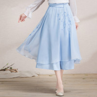 烟花烫2017夏装新款女装百搭时尚绣花雪纺中长裙裤半身裙 碧影37209301