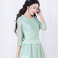 烟花烫2018夏新款女装复古修身上衣+半身裙套裙套装 婉儿婉兮37103901