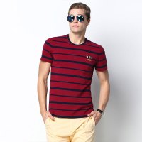 休闲细条纹短袖T恤红色