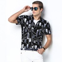 不规则线条时尚印花短袖衬衫黑色