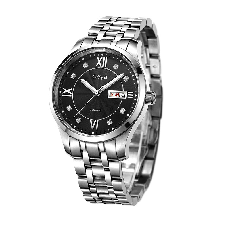 geya格雅商务男士自动机械表钢带时装手表男双日历休闲腕表78002