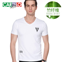 卡帝乐鳄鱼竹纤维短袖T恤V领纯色印花体恤衫237AT0088