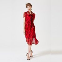 轻薄舒适植物花卉图案系带桑蚕丝连衣裙