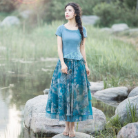 烟花烫2017夏装新款女装复古印花中长款雪纺半身裙长裙 无暇26020701