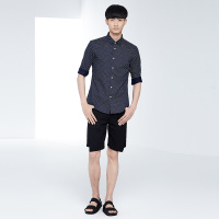 千兮2016秋季新款 男士长袖衬衫 纯棉修身五角星印花衬衣文艺男装