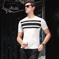 花花公子贵宾男装夏季新款短袖T恤男 针织衫条纹男士修身潮流半袖体恤119902