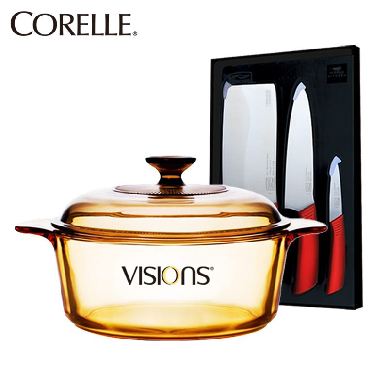 康宁(VISIONS)汤锅VS32+刀 晶彩透明玻璃锅具套装组合3.25L汤锅+康宁刀具三件组 明火直烧耐高温炖汤锅