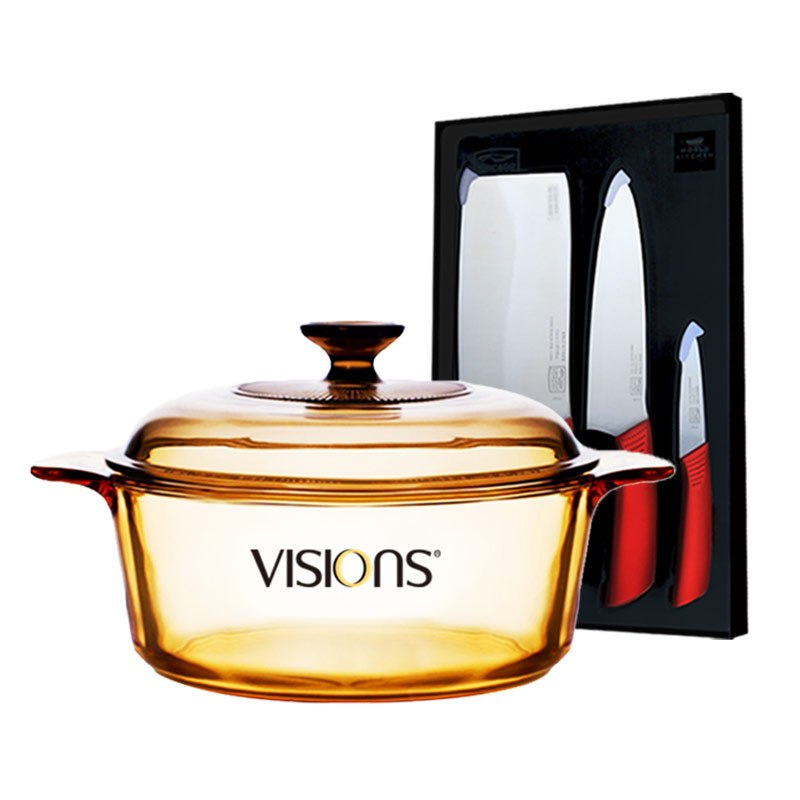 康宁(VISIONS)汤锅VS32+刀 晶彩透明玻璃锅具套装组合3.25L汤锅+康宁刀具三件组 明火直烧耐高温炖汤锅