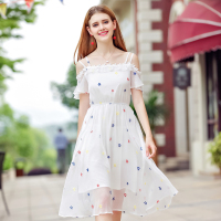 2017夏季新款精品女装荷叶袖绣花吊带裙气质淑女雪纺连衣裙68630