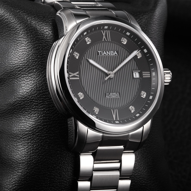 天霸(TIANBA)手表 大气商务正装时尚男士手表 金属钢带全自动机械天梭男表 专柜同款 黑色表盘TM6009.01SS高清大图