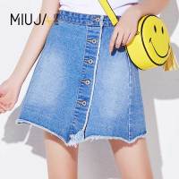 女款中腰多扣不规则牛仔半截裙