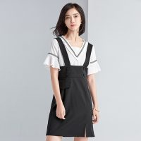 尚都比拉2017夏季新款时尚开叉A字背带裙黑色百搭高腰半身裙女装