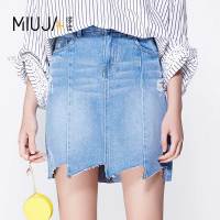 女款高腰不规则下摆吊磨牛仔短裙